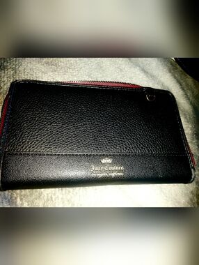 Juicy Couture Black Leather Zip Pouch with Red Trim